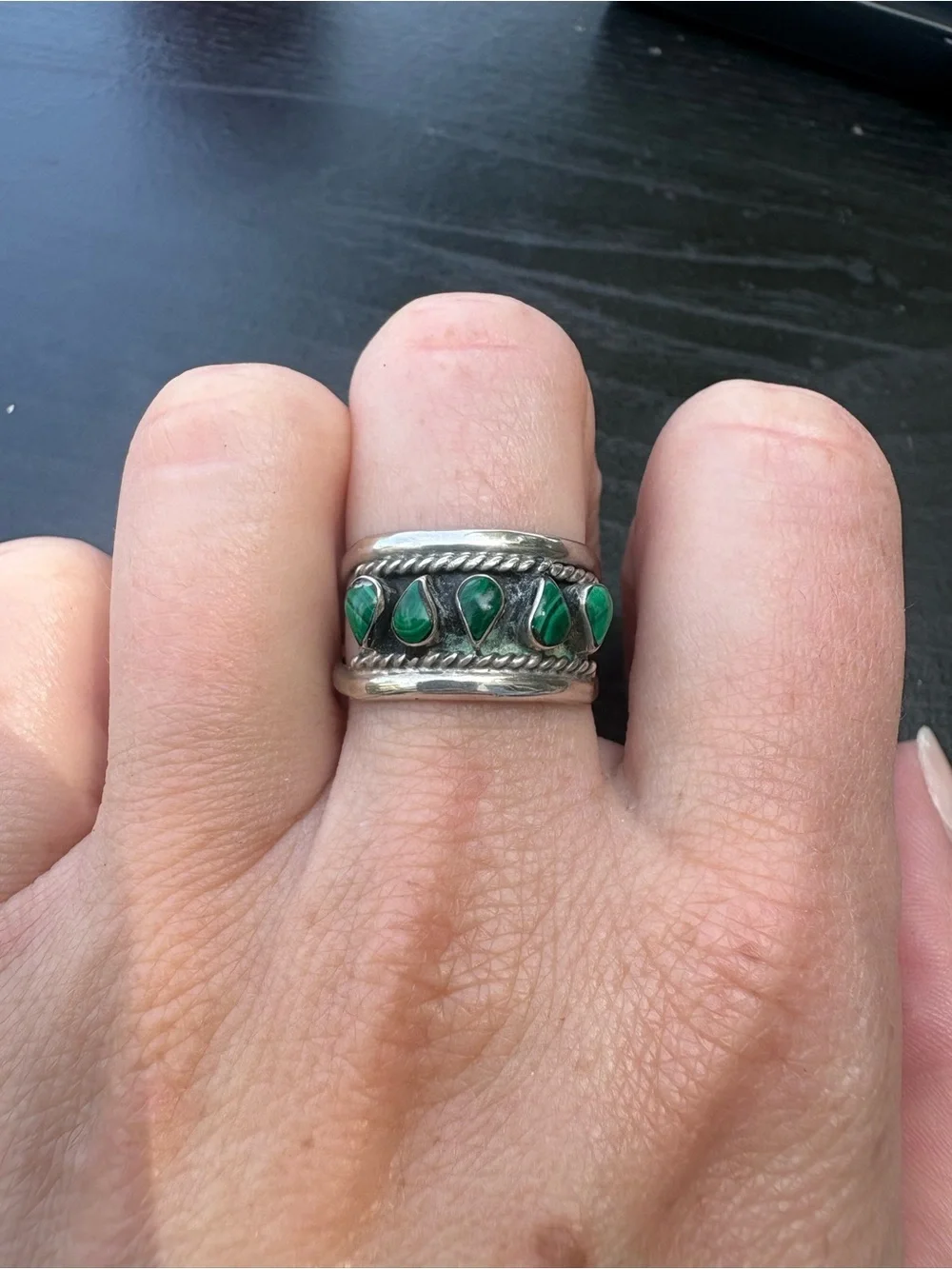 Vintage Navajo Sterling Silver Green Malachite 5 Stone Inlay Ring - Size 8.5